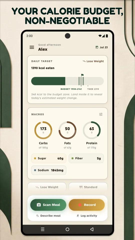 The daily target screen showing a 1938-2141 kcal budget range, plus carb, fat and protein rings and sugar, fiber and sodium totals.