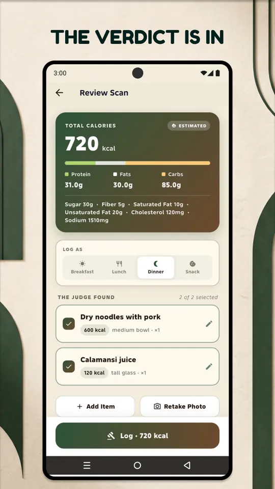 The scan review screen: 720 kcal total, a macro breakdown, and the two items the judge identified in the photo.