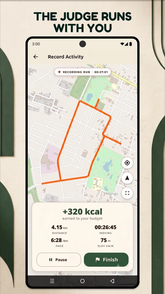 A run being recorded on a map, showing a 4.15 km route, 26:45 moving time and 320 kcal earned back.