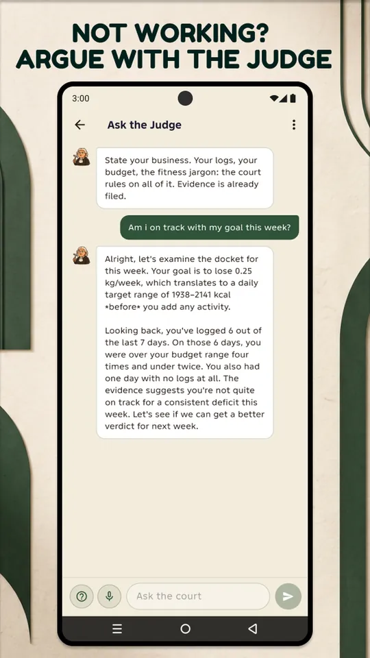 The Ask the Judge chat screen answering a question about weekly goal progress using the user's logged data.