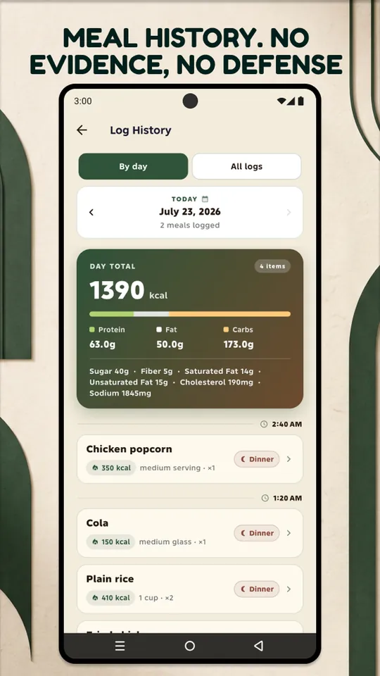 The log history screen showing July 23 totalling 1390 kcal across four logged items.
